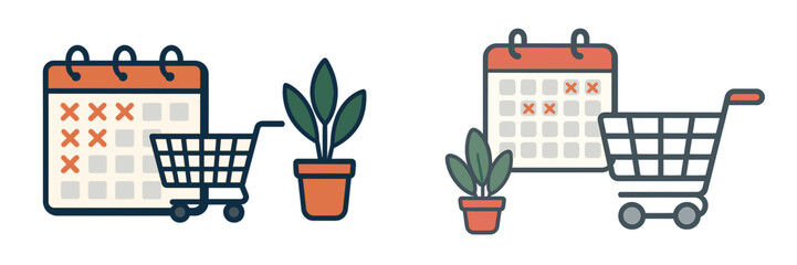 Concept of shopping and time management represented by calendars and carts beside plants