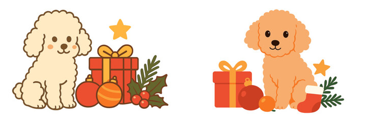 Cute cartoon puppies surrounded by Christmas gifts and decorations in a festive setting during the holiday season