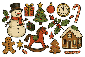 Festive Christmas decorations featuring snowman, tree, gifts, and gingerbread elements for cheerful holiday spirit