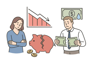 Financial distress depicted through characters worried about budget cuts and broken piggy bank