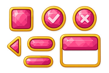 Colorful pink gem-like buttons and icons with golden borders for user interface design in various shapes