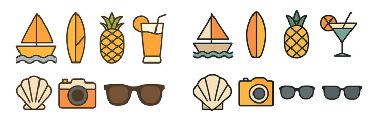 Fun beach-themed icons featuring sailboats, surfboards, tropical drinks, pineapples, and summer accessories