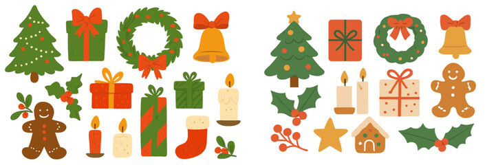 Christmas decorations and festive elements featuring trees, gifts, and treats in a colorful holiday arrangement