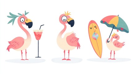 Cute cartoon flamingos enjoying summer