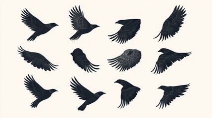 Silhouette birds in flight.  Various angles