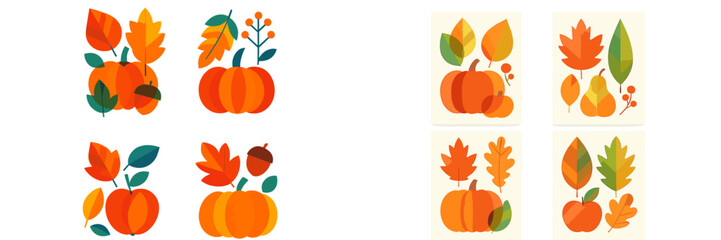 Colorful autumn-themed illustrations featuring pumpkins and leaves in warm shades created for seasonal decor and designs