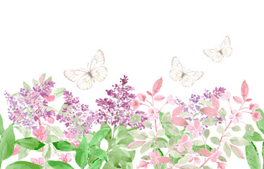 seamless border with watercolor Syringa and crab apple blooming branches and flying butterflies. isolated horizontal frame of flowering woody plants lilac, crabapple