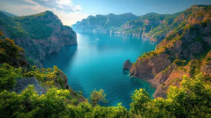 Fototapeta premium Turquoise bay surrounded by lush, steep cliffs