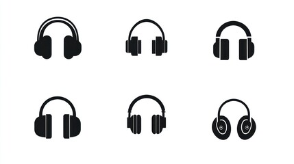 Six black headphone icons on a white background