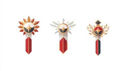 Three stylized badges with decorative elements