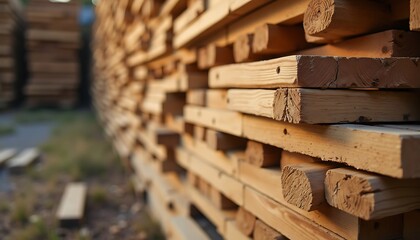 Stacked wooden planks lumber with visible wood grain and circular holes.