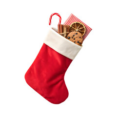 Christmas stocking stuffed with present box, cinnamon sticks and a cookie, isolated on a transparent background