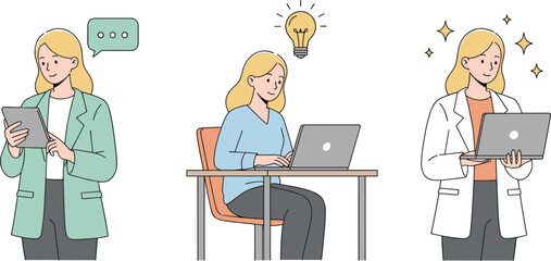 Businesswoman using tablet and laptop, creative female professional working online, digital communication, remote job, innovation, productivity, cartoon characters isolated on white background