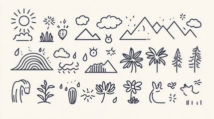 Simple line art collection of nature icons