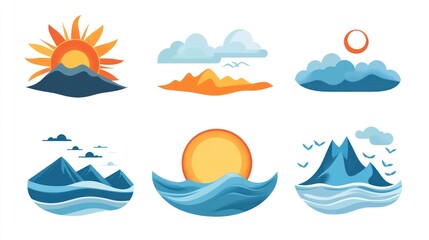 Colorful nature icons.  Simple landscapes