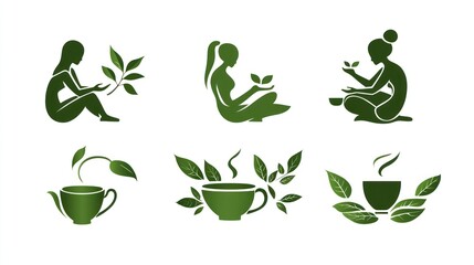 Six stylized silhouettes of women with tea elements
