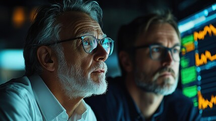 Two men analyze financial data on a bright screen