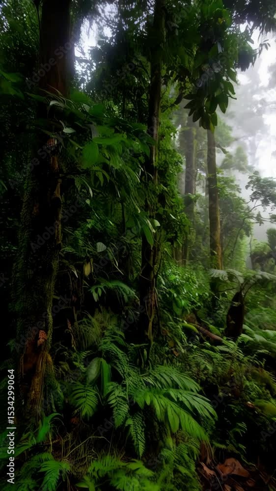 Poster lush green rainforest scene featuring towering trees and dense vegetation shrouded in mist creating 