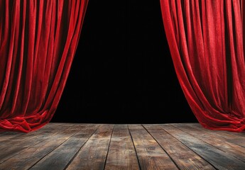 Red stage curtains open on a wooden floor