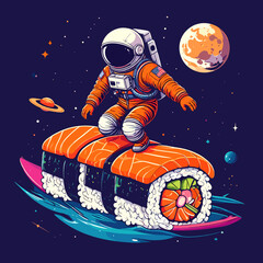 Whimsical illustration of astronaut surfing on giant sushi roll in outer space, colorful fantasy sci-fi art with planets and cosmic background