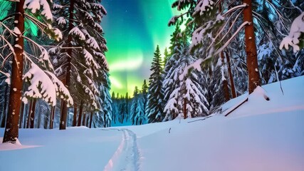 Atmospheric winter scene with lantern and aurora borealis glowing over a snowy woodland landscape. - Powered by Adobe