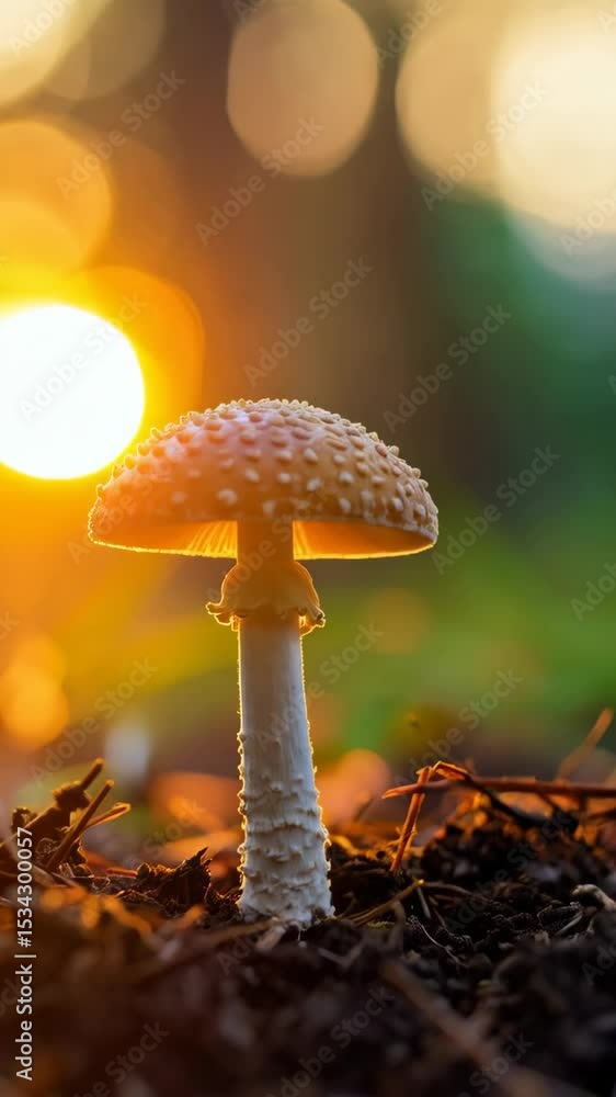 Poster amanita mushroom with a speckled cap glowing in a forest with warm sunlight breaking through the tre