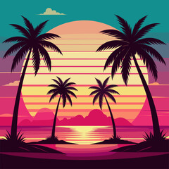 Tropical sunset beach illustration with palm trees and ocean view, vibrant retro-style landscape art with colorful sky and island silhouettes