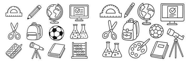 Collection of school supplies and educational items for students in a classroom setting