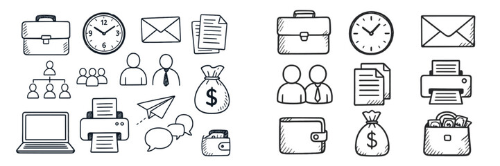 Business icons representing finance, communication, and organization concepts in a black and white design