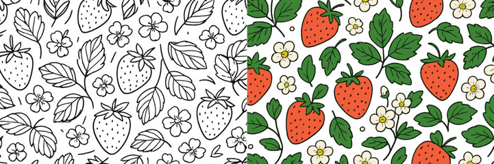 Colorful strawberry patterns showcasing vibrant red strawberries against white backgrounds filled with flowers and leaves