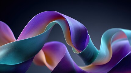 3D Render of Purple, Teal, and Orange Ribbon Curling Gracefully on Dark Background


