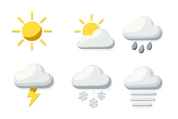 Colorful weather icons representing sunny, rainy, snowy, and stormy conditions in a simple, modern style