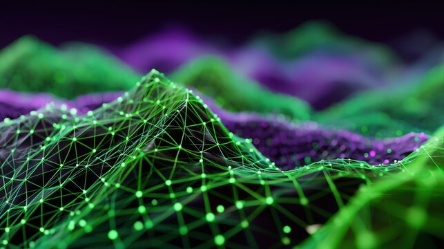 Interconnected Digital Terrain with Glowing Green Points and Triangular Wireframe over Purple Hills

 - Powered by Adobe