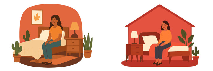 Woman sitting on bed in cozy bedroom with house plants during daytime at home