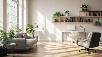 Fototapeta premium Bright, modern home office with plants and natural light
