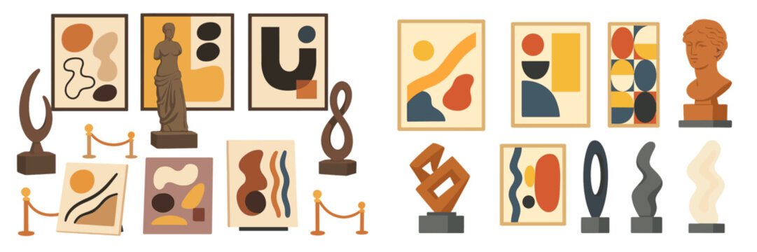 Art exhibit showcasing abstract sculptures and modern paintings in a gallery setting