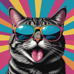 Funny cool cat with sunglasses sticking tongue out in colorful pop art style with retro sunburst background