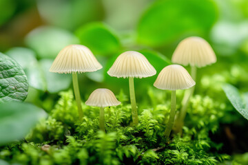 A whimsical scene of glowing mushrooms in various colors growing among bright green moss, tiny fairy lights floating in the air, miniature toadstools