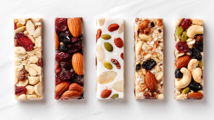 A top view of five granola bars with various nuts and dried fruits on a white surface background