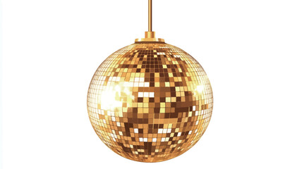 Obraz premium Close-up studio shot of a gold disco ball hanging from a cord against a white background. The ball is spherical and composed of numerous small, square mirrors reflecting light. The image is