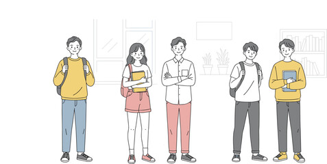 Group of students standing together, boys and girl with backpacks and books, casual clothes, learning concept, university lifestyle, cartoon vector on white background