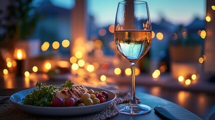 Wine, meal, lights. Cozy, romantic indoor dinner setting