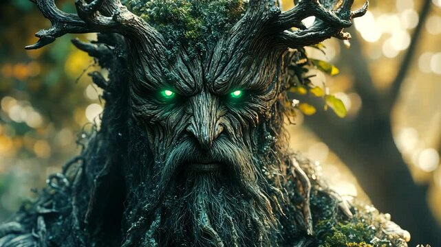 Mythical Tree Guardian with Glowing Eyes in Forest
