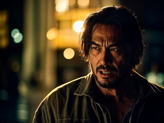 Close-up portrait of a mid adult man with a serious and intense expression, staring directly at the camera in a dimly lit environment, conveying a sense of focus and determination