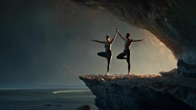 Symmetrical dance pose on cliff