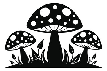 Black and White Illustration of Three Mushrooms with White Spots and GrassLike Leaves