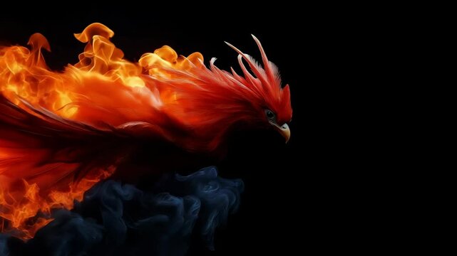 Fiery Phoenix Soaring Through Smoke Against Black Background for Mythology Blogs, Fantasy Art Websites, Creative Projects, and Symbolic Illustrations  