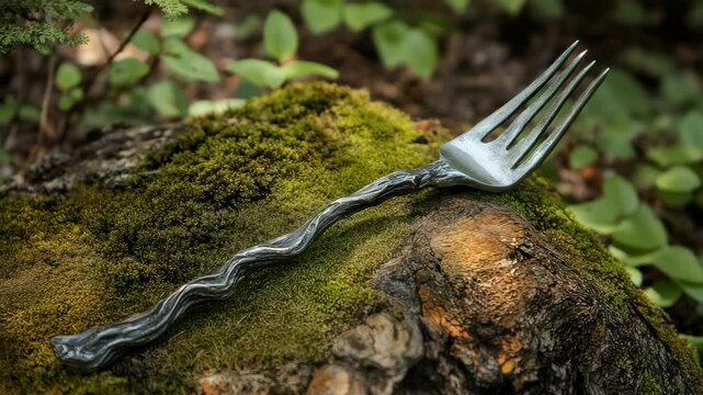 A fork resting on top of a moss covered log