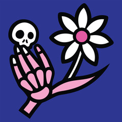 Cartoon Illustration of Pink Skeletal Hand Holding Skull with Daisy Flower against Blue Background