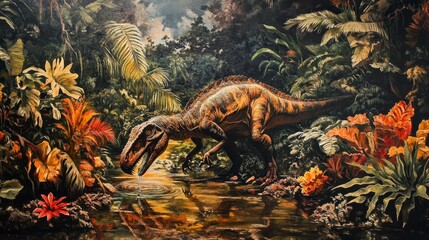 A large theropod dinosaur drinks from a jungle stream, surrounded by lush vegetation.